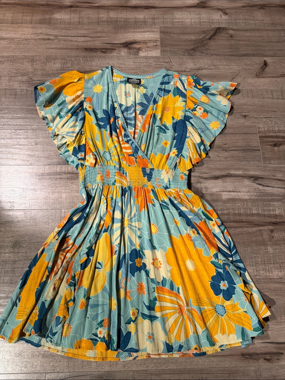 Angie Yellow and Teal Floral V-Neck Dress